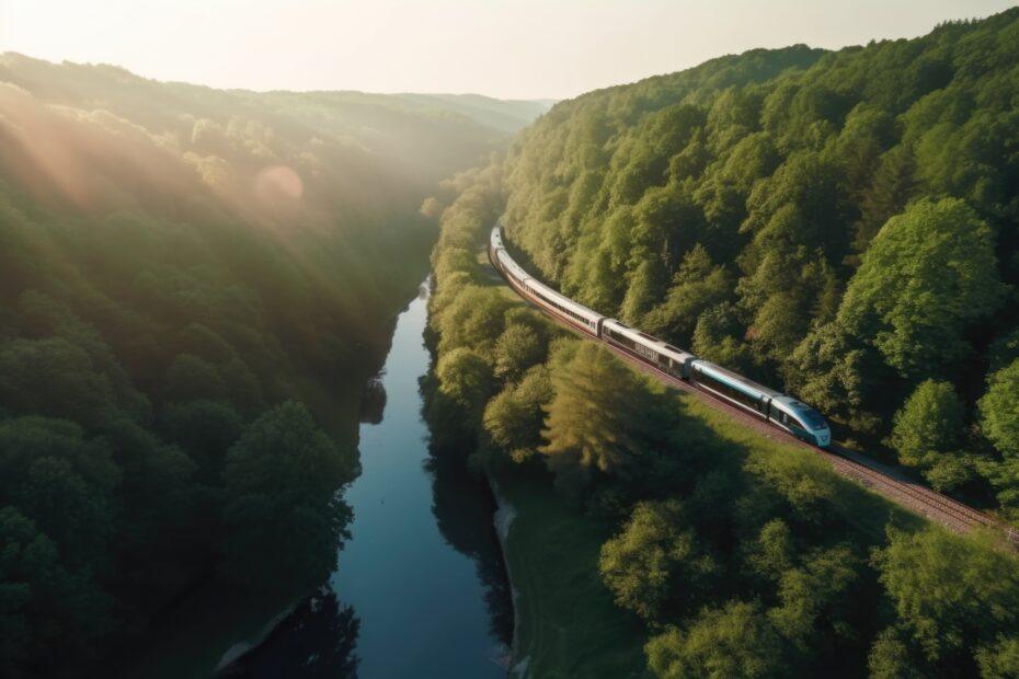 Train travel through rural landscape