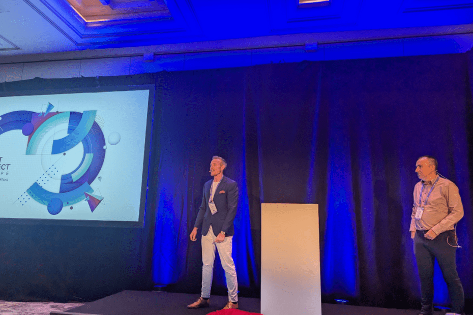 Mat Browne and Scott Blondel on stage at Cvent Europe
