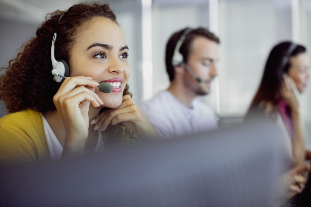 Woman talking on headphones