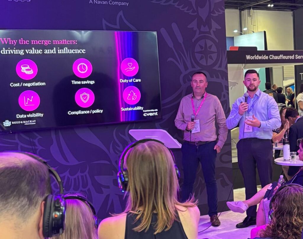 Reed & Mackay’s Global Head of Events Travel Scott Blondel and Cvent’s Matt Davis Manager of European Partnerships talking on a panel