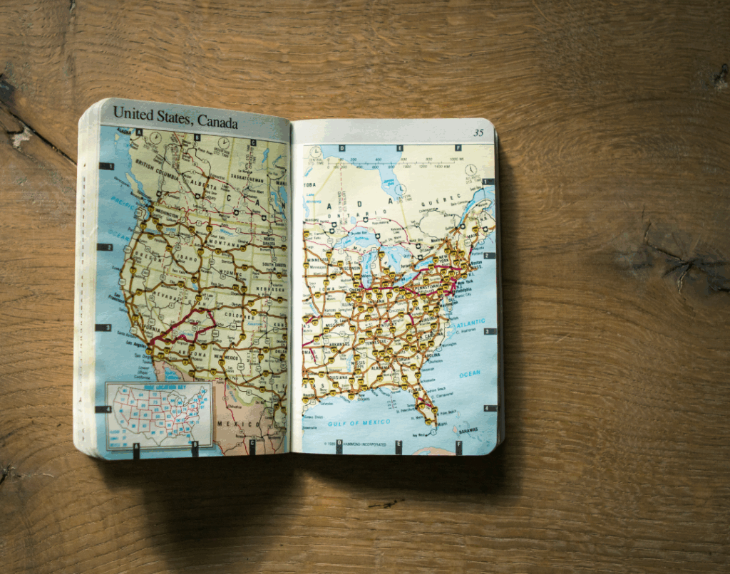 Map of the United States and Canada illustrating travel routes and entry points for travelers.