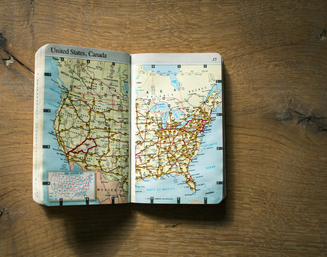 Map of the United States and Canada illustrating travel routes and entry points for travelers.