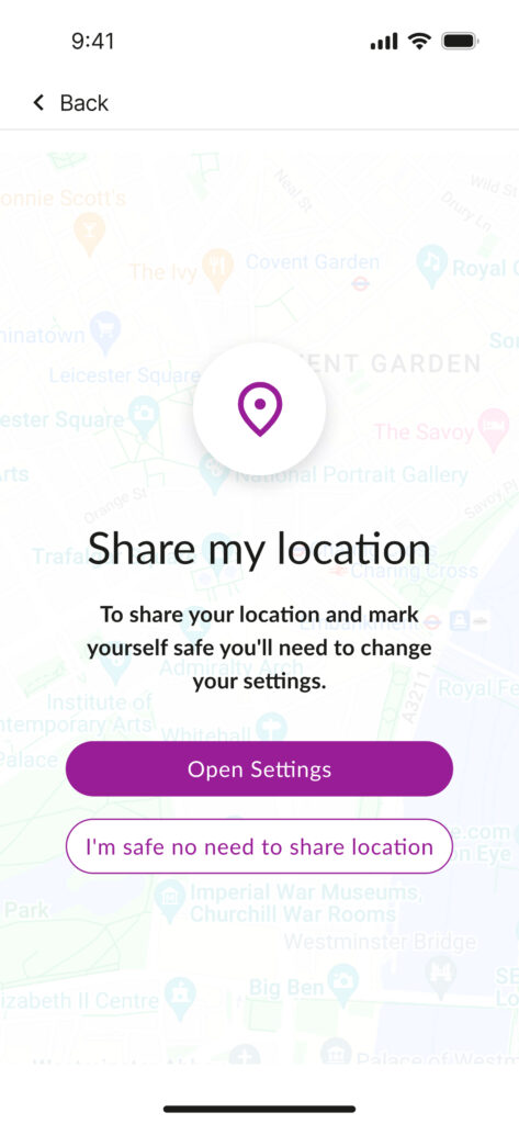 Screenshot of Reed & Mackay's "share my location" feature for travelers in the Reed & Mackay mobile app.